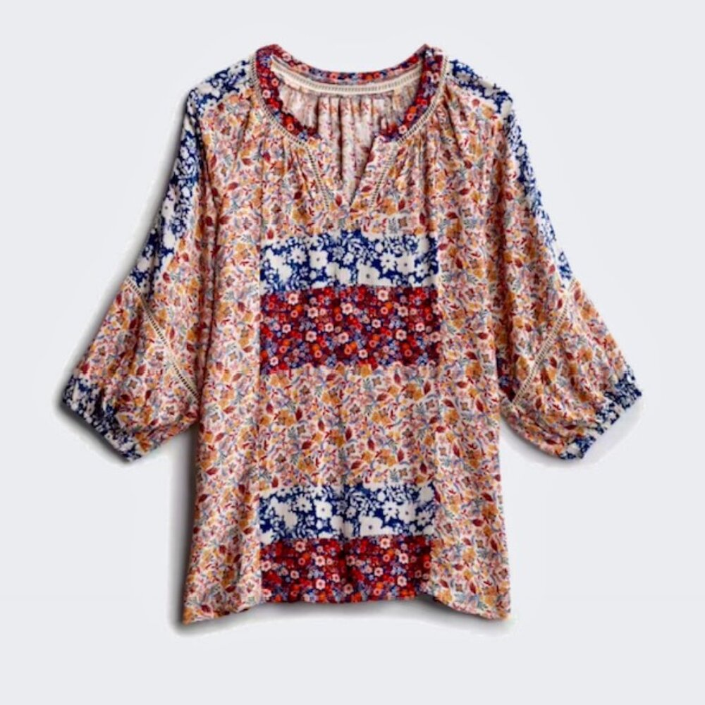 Boho Floral Patchwork Peasant Blouse | 3/4 Sleeves | Sz L Mixed Print Multicolor